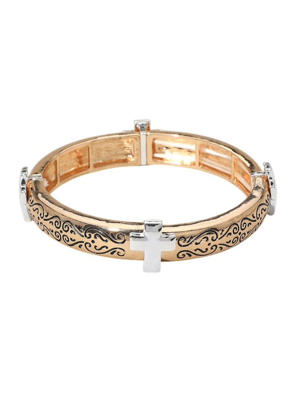 Tigerstars Antique Gold Metal Cross Accent Stretch Bracelet